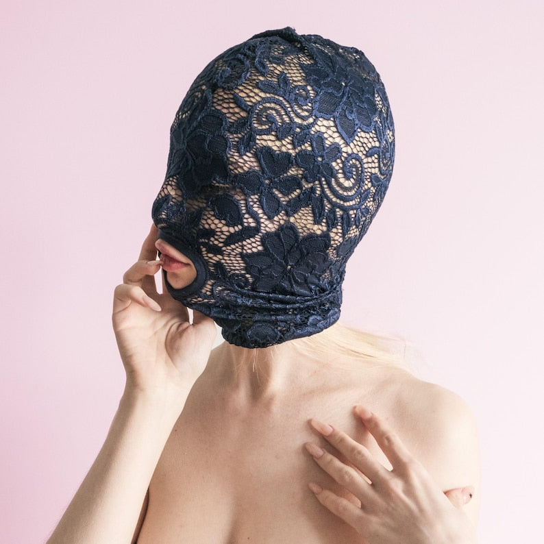 Handmade blue full-face mask with only the mouth showing 72