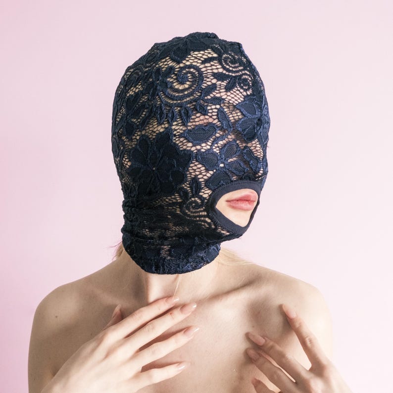 Handmade blue full-face mask with only the mouth showing 72