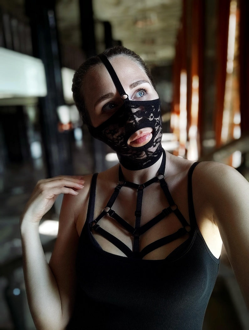 Handmade black lace half-face mask with exposed mouth 10