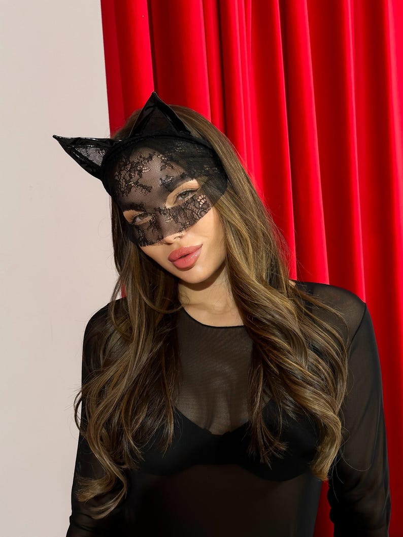 Black Lace Cat Mask with Ears