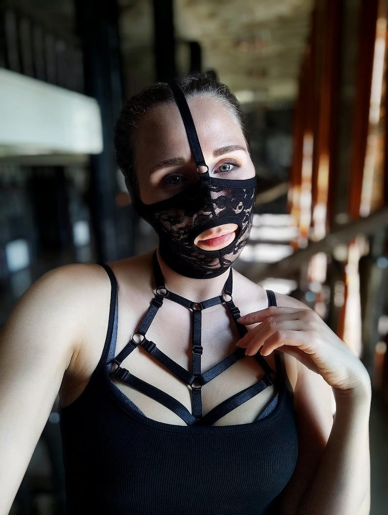 Handmade black lace half-face mask with exposed mouth 10