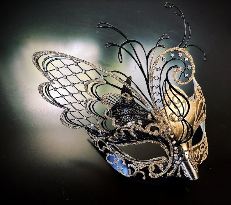 Black Gold Butterfly Couples Masquerade Mask Set