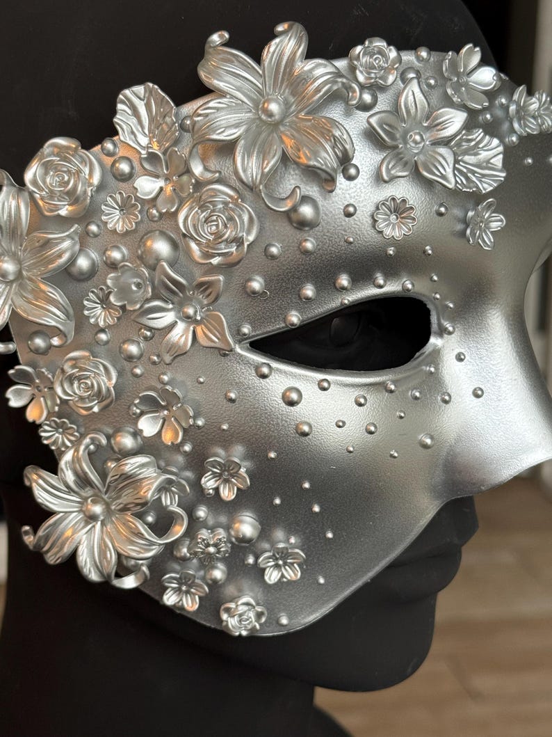 Silver Masquerade Mask: Couture Floral Pearl Fantasy Costume 142