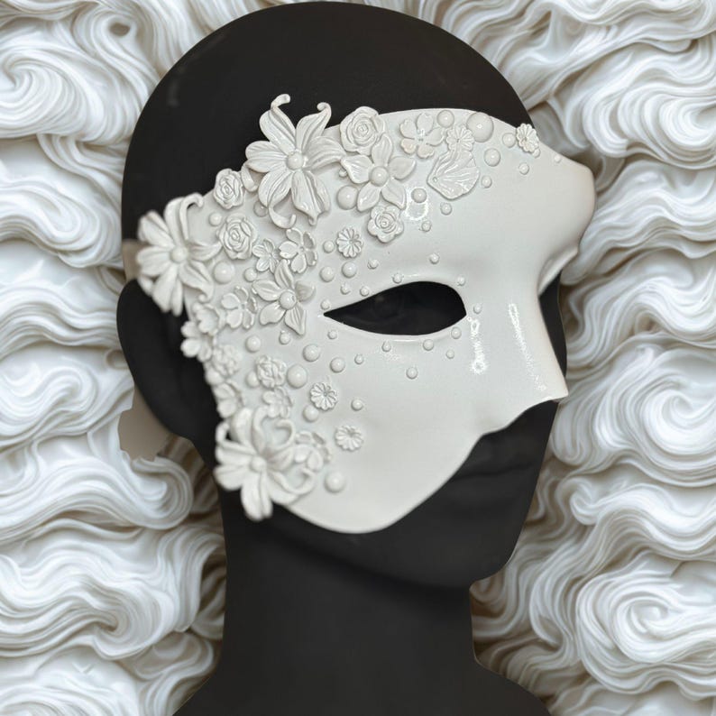 Silver Masquerade Mask: Couture Floral Pearl Fantasy Costume 142