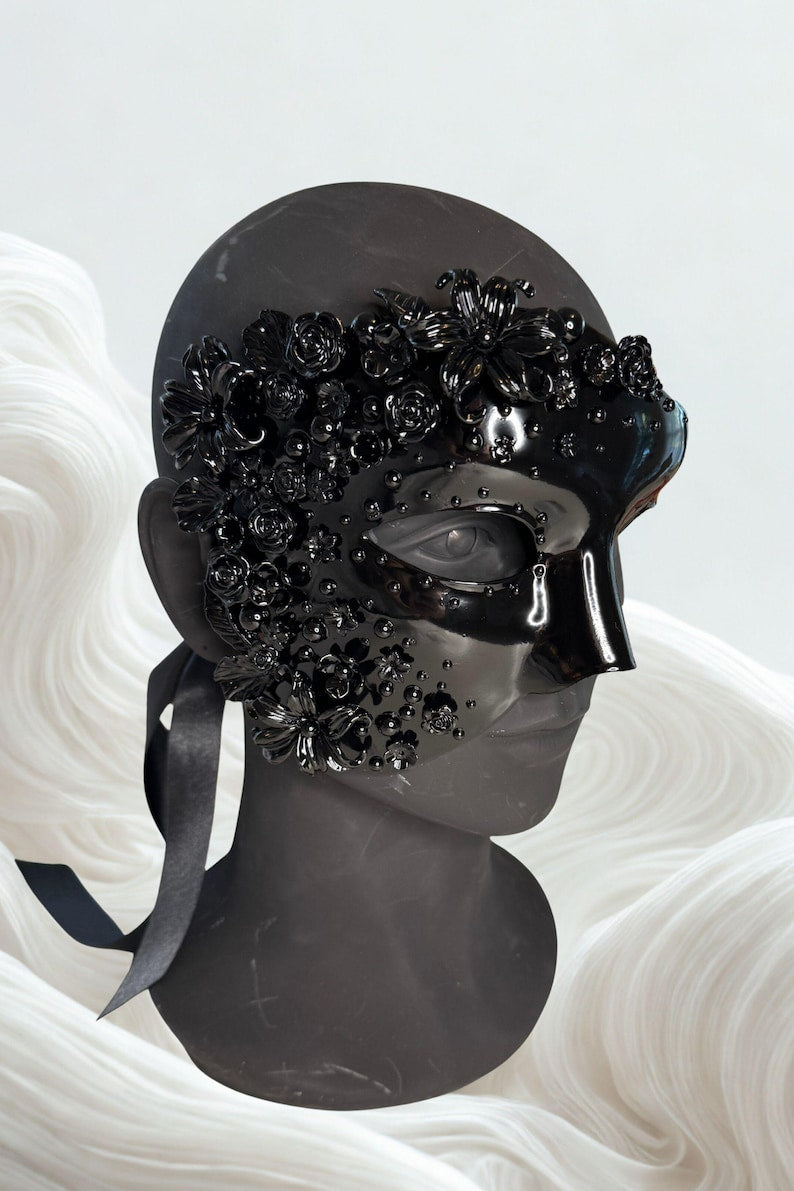 Silver Masquerade Mask: Couture Floral Pearl Fantasy Costume 142