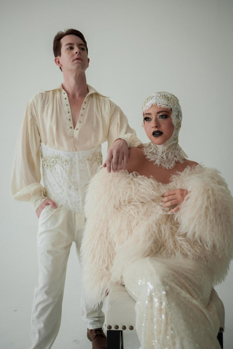Lace & Pearl Beaded Headpiece: Avant Garde Couture Head Wrap 141