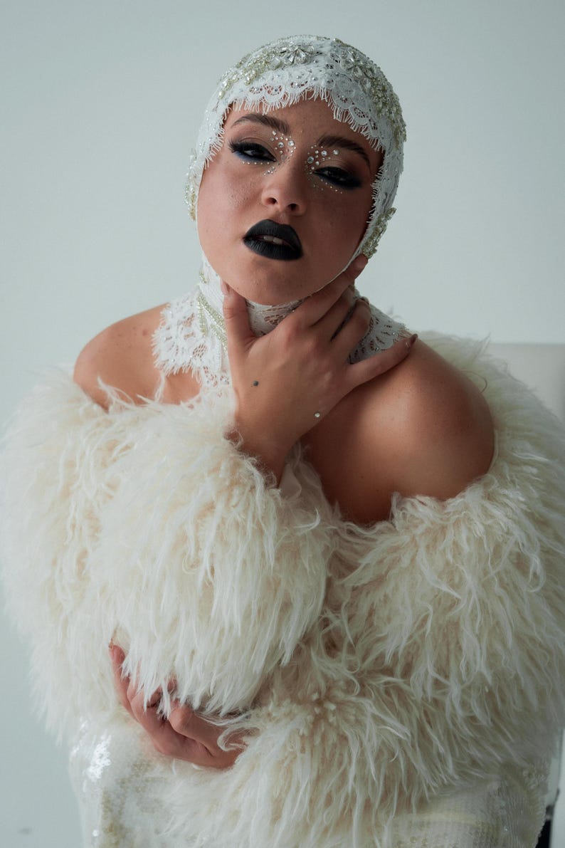 Lace & Pearl Beaded Headpiece: Avant Garde Couture Head Wrap 141