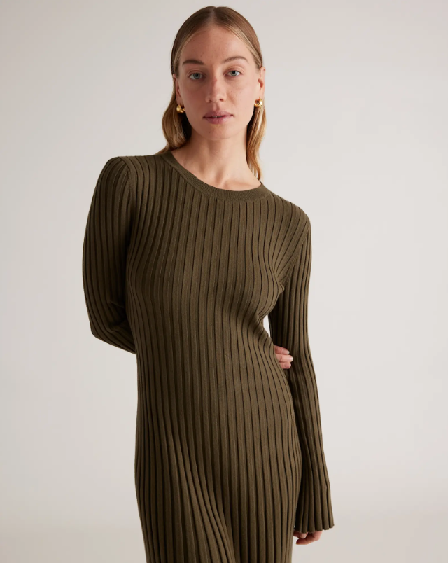 COTTON CASHMERE RIBBED LONG SLEEVE CREW MIDI DRESS