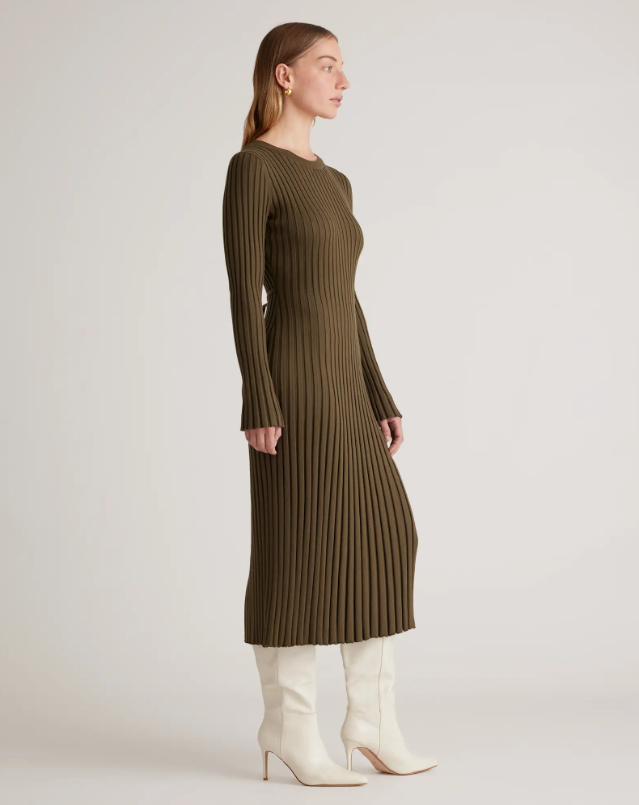 COTTON CASHMERE RIBBED LONG SLEEVE CREW MIDI DRESS