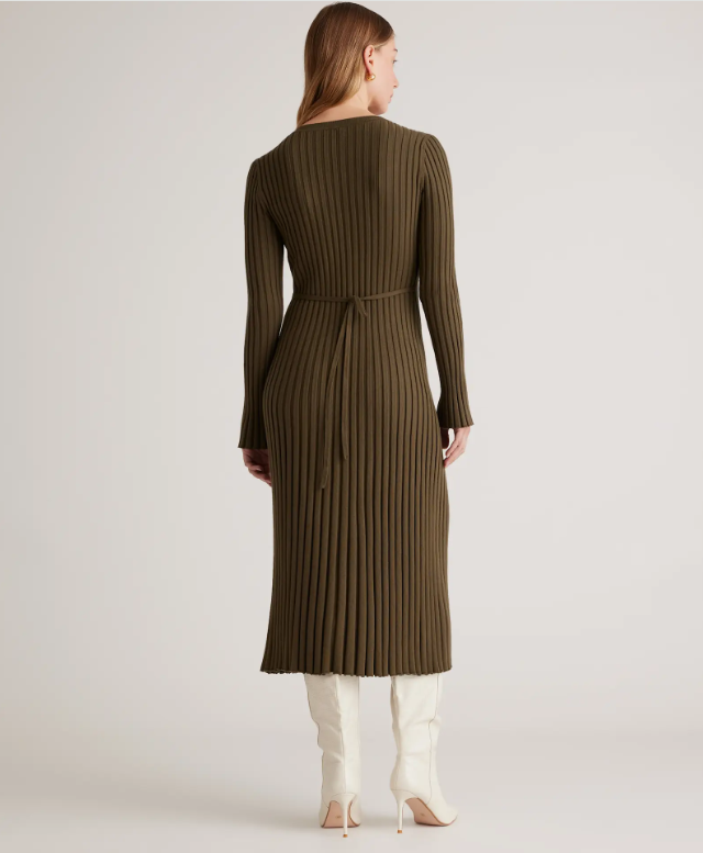 COTTON CASHMERE RIBBED LONG SLEEVE CREW MIDI DRESS