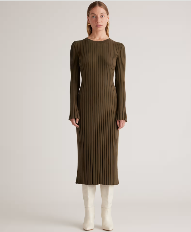 COTTON CASHMERE RIBBED LONG SLEEVE CREW MIDI DRESS