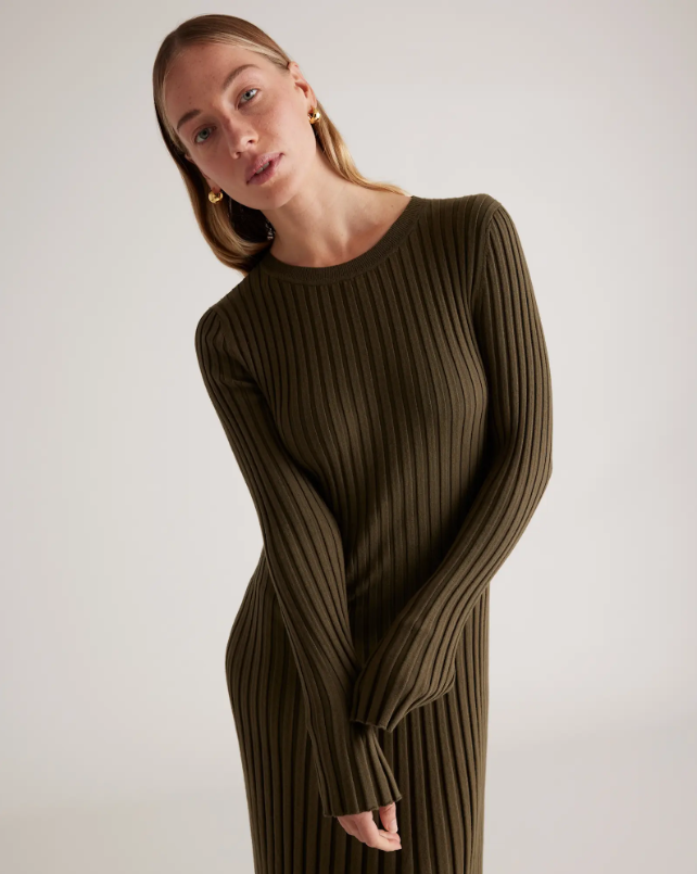 COTTON CASHMERE RIBBED LONG SLEEVE CREW MIDI DRESS