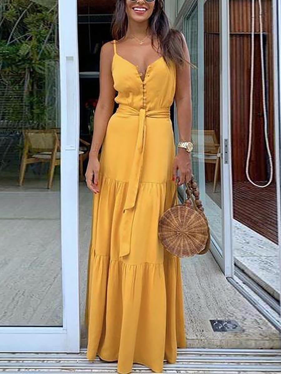 Lunimesd Button Belted Slip Maxi Dress