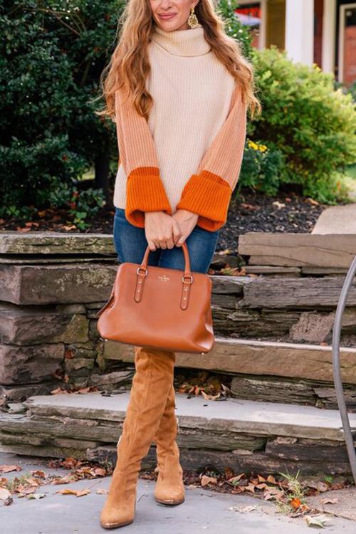 Lunimesd Pumpkin Oversized Color Block Sweater