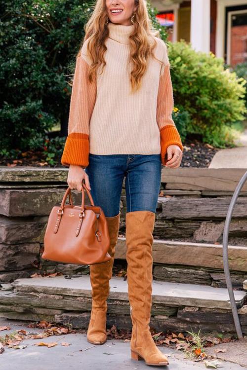 Lunimesd Pumpkin Oversized Color Block Sweater