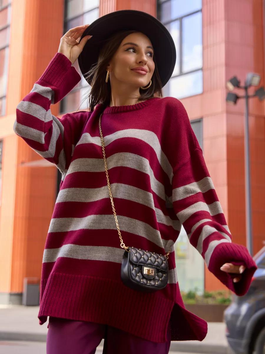 WOMEN'S LOOSE ROUND NECK STRIPED KNIT SWEATER