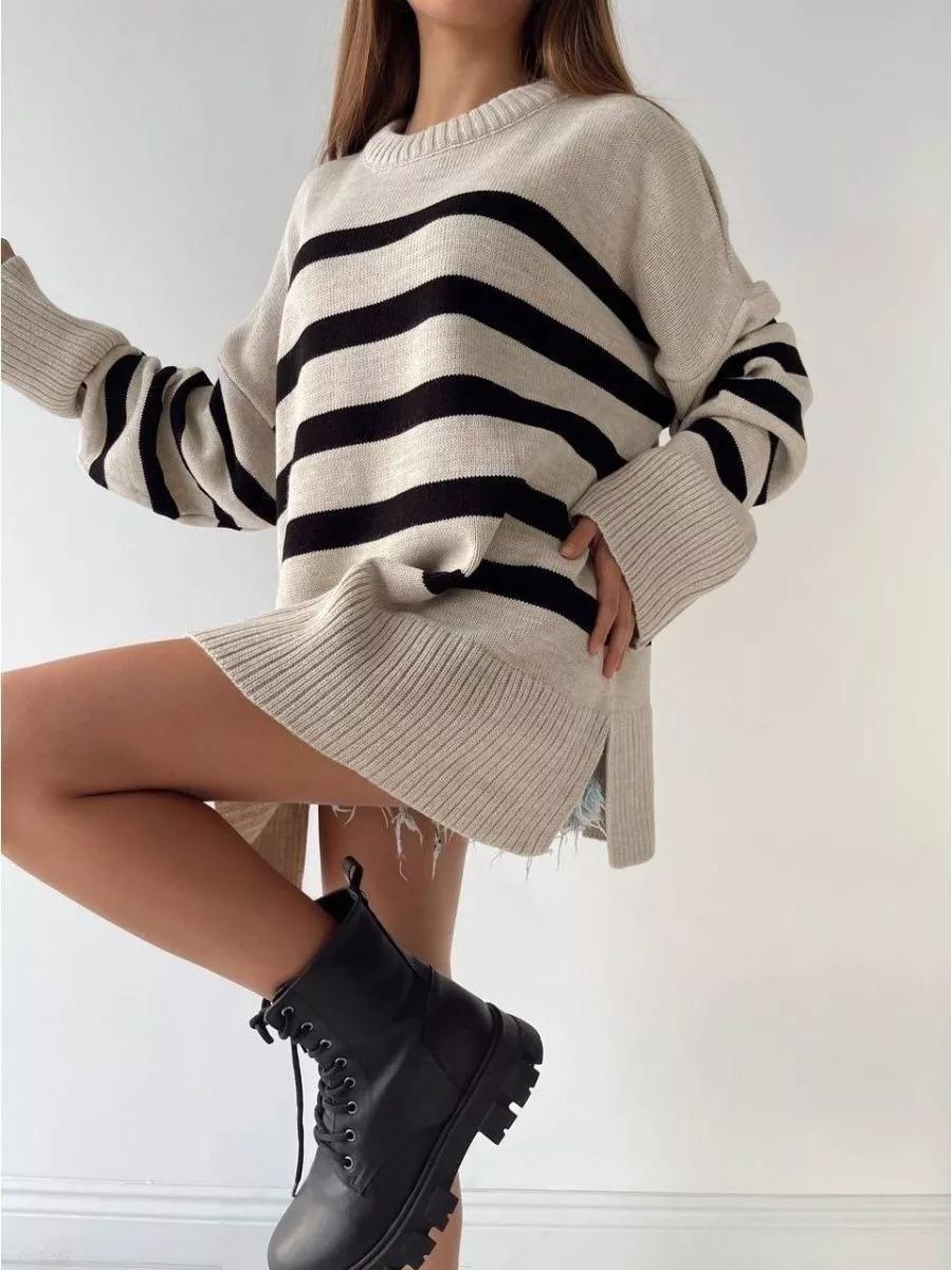 WOMEN'S LOOSE ROUND NECK STRIPED KNIT SWEATER