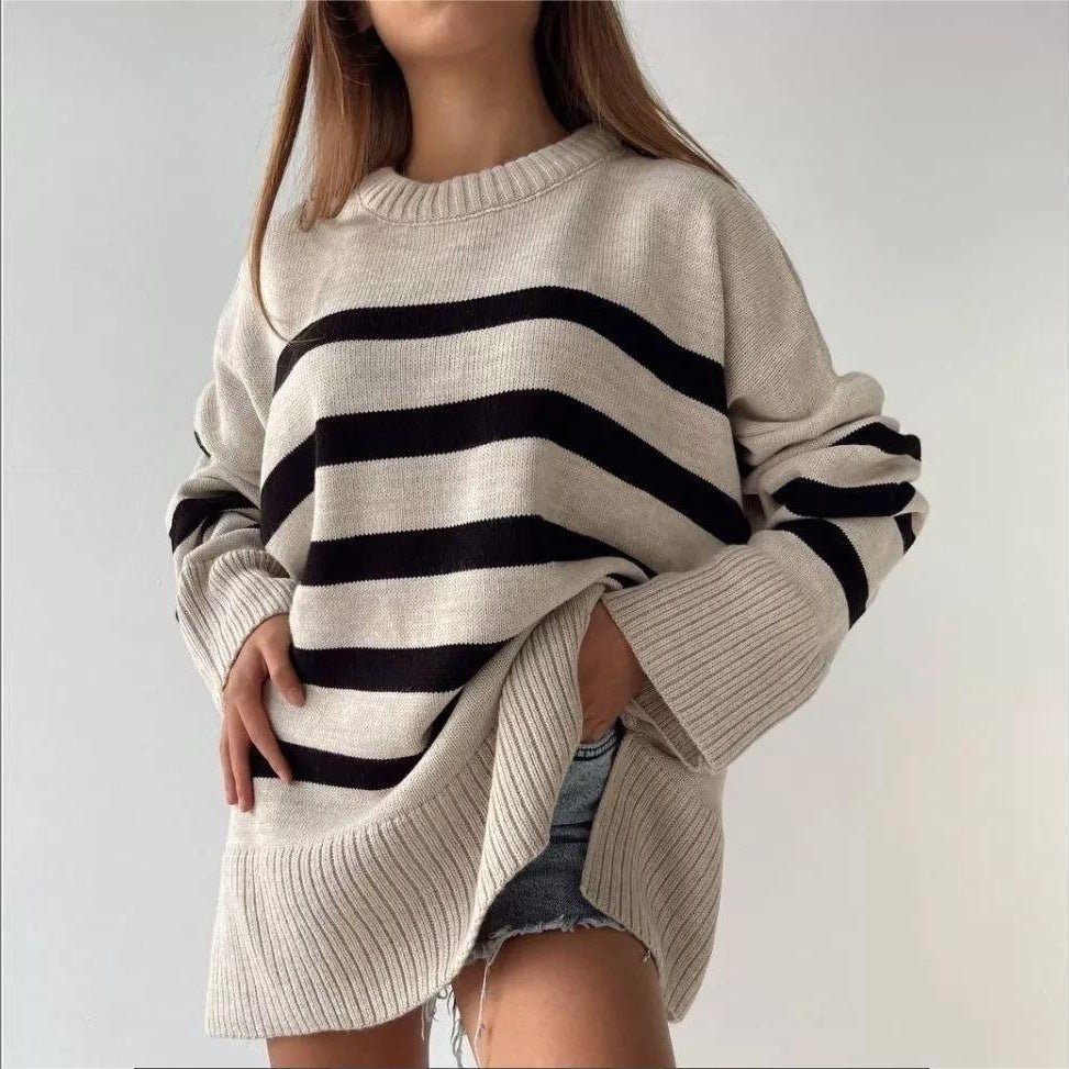 WOMEN'S LOOSE ROUND NECK STRIPED KNIT SWEATER