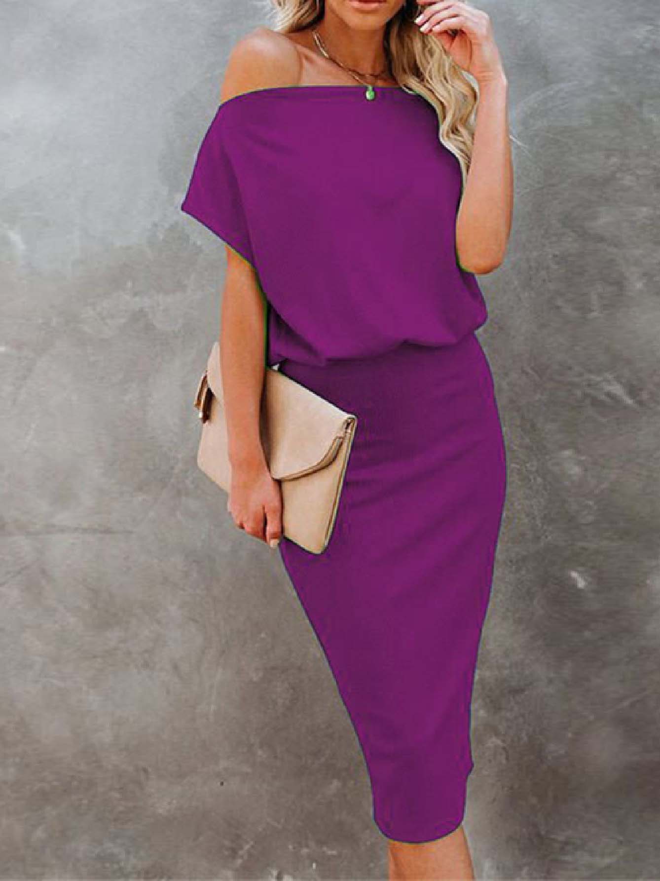 Lunimesd Cold Shoulder Plain Half Sleeve Pencil Dress(8 Colors）