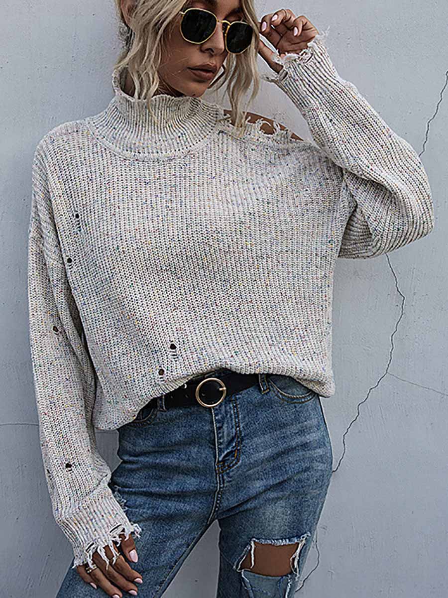Lunimesd Loose Off-shoulder Ripped Long-sleeved High-neck Knitted Sweater