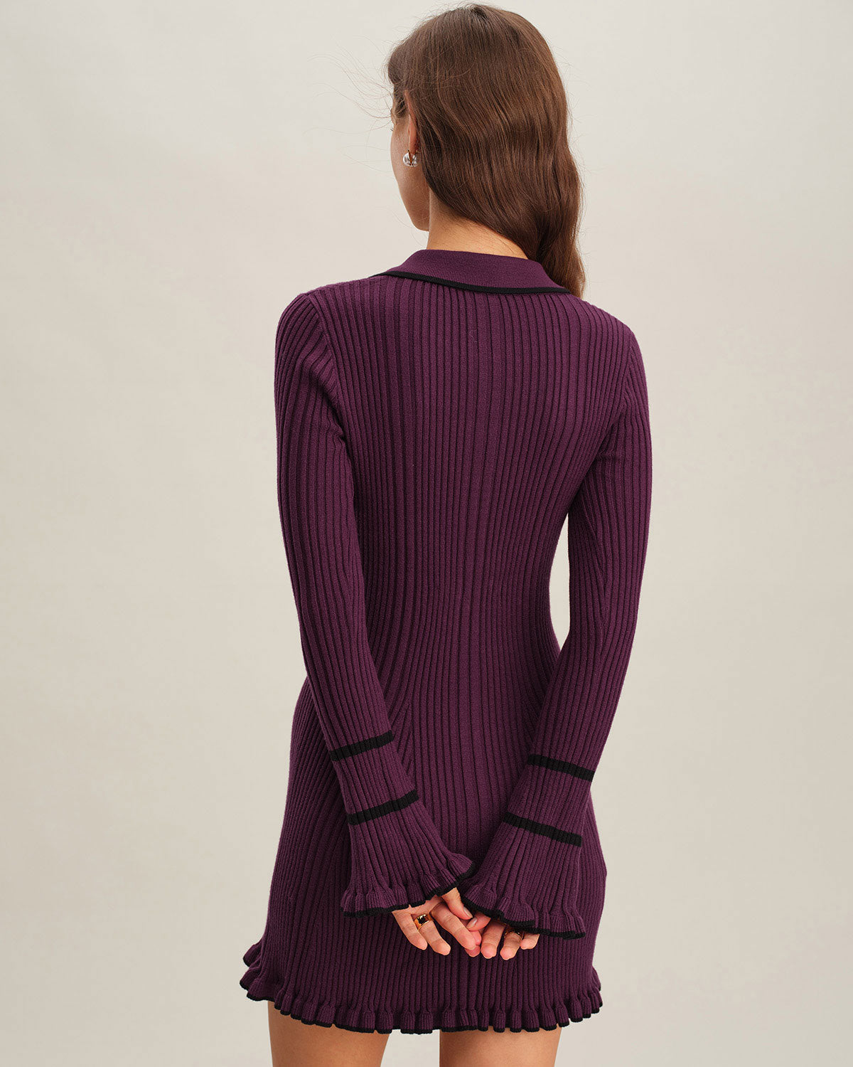 PURPLE CONTRASTING BELL SLEEVE SWEATER DRESS