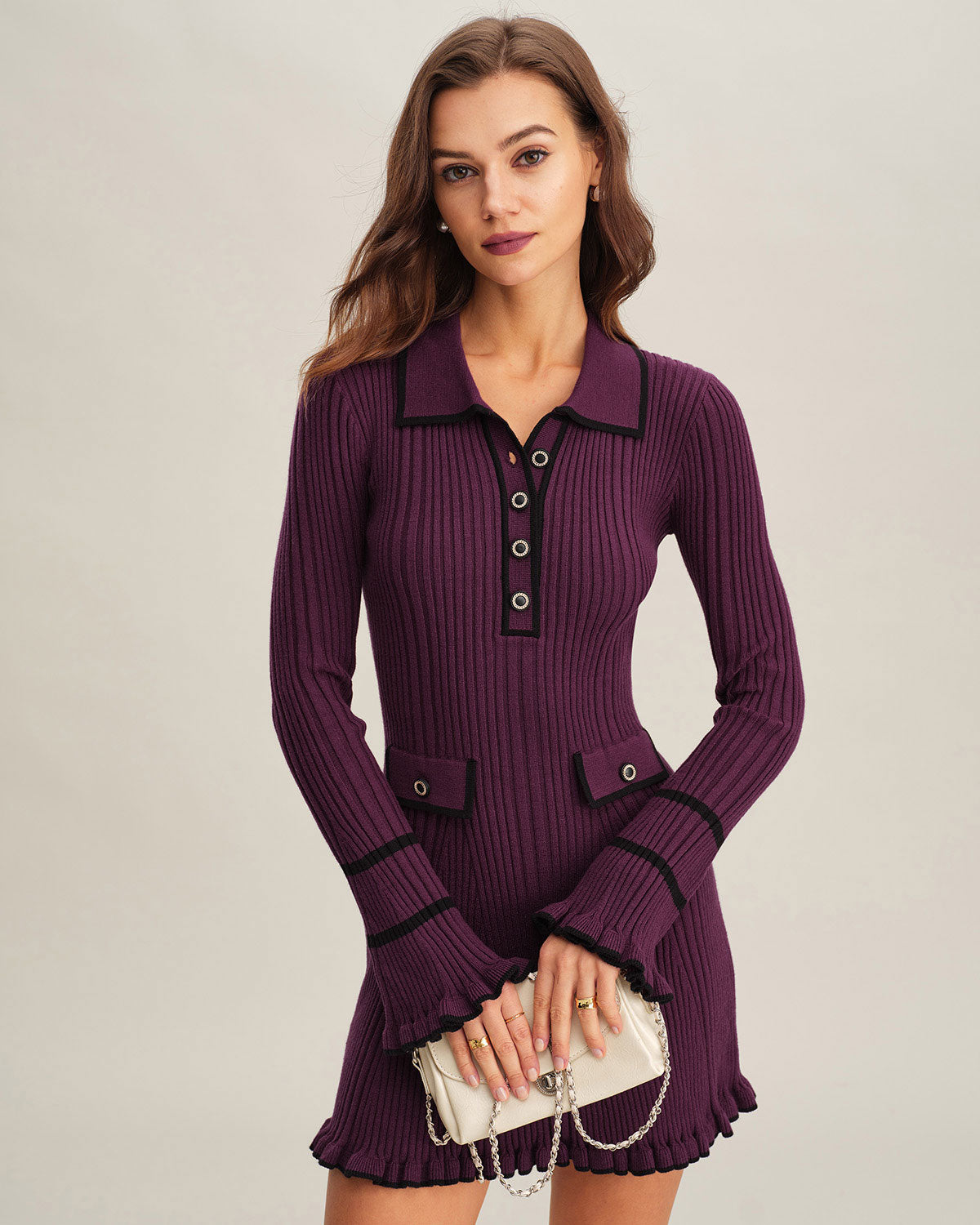 PURPLE CONTRASTING BELL SLEEVE SWEATER DRESS