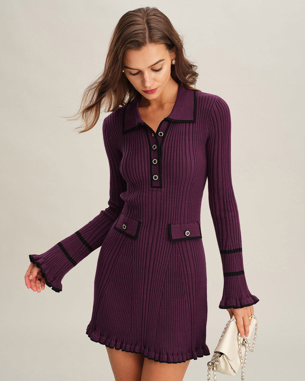 PURPLE CONTRASTING BELL SLEEVE SWEATER DRESS