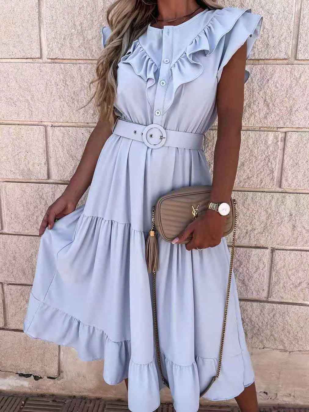 Lunimesd Fashion V Neck Belt Short Sleeve Dress